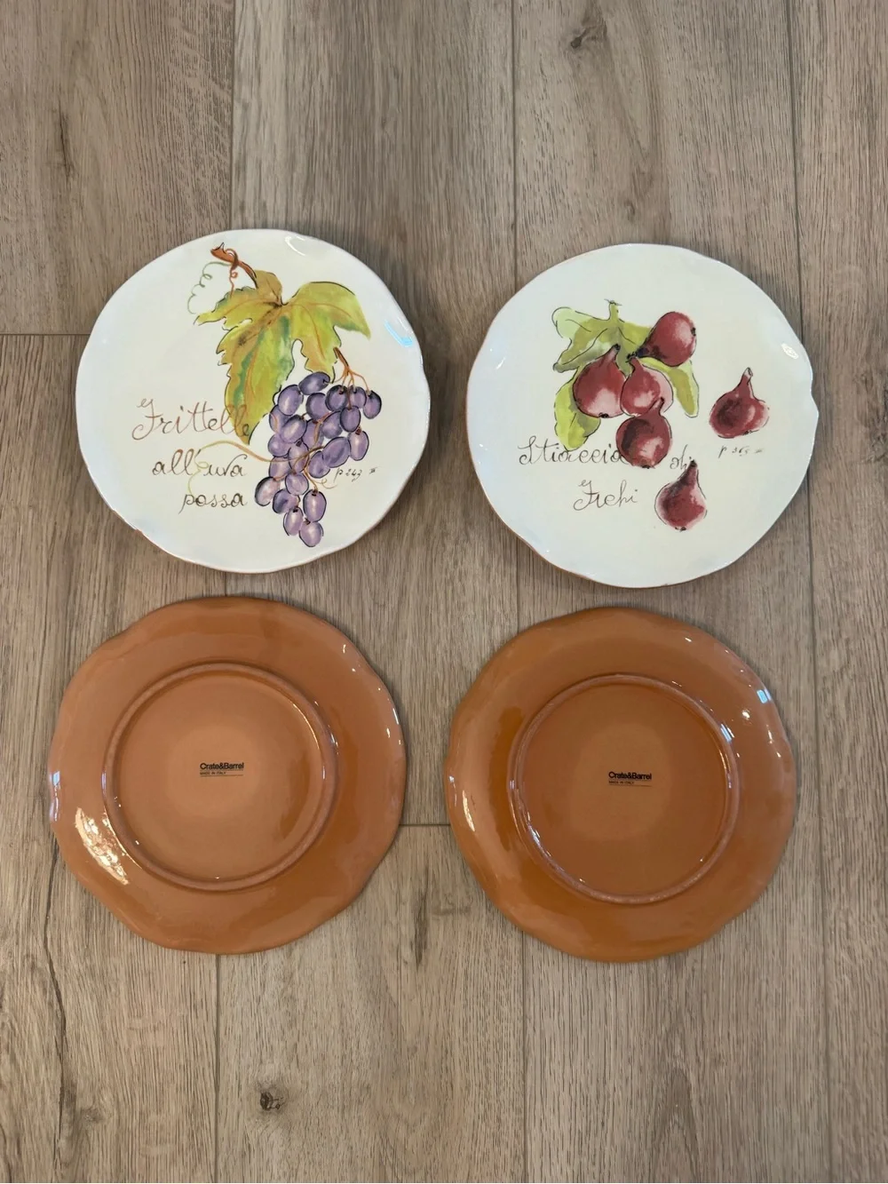 4 Crate & Barrel Verona Fruit Plates 9.25” Italy Pear Fig Grape Pomegranate